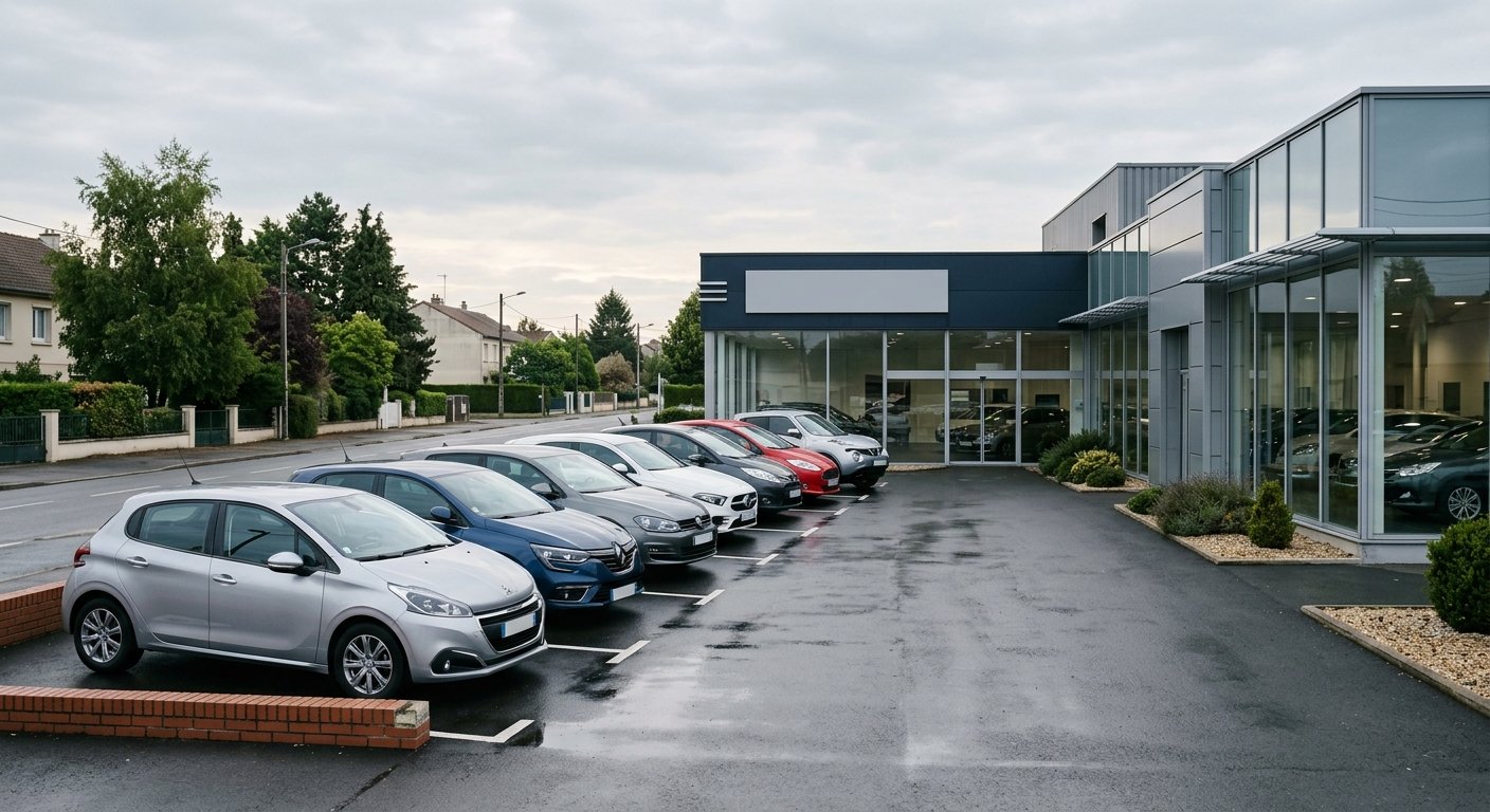 Devanture d'un concessionnaire indépendant, véhicules alignés devant le showroom
